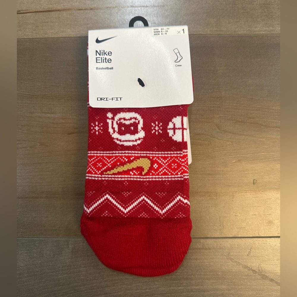Nike Red Crew Socks with Gold Swoosh and Holiday Knit